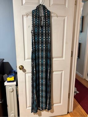 Deborah Viereck Vodka Style Sleeveless Blue Black Cream Geo Print Maxi Dress M